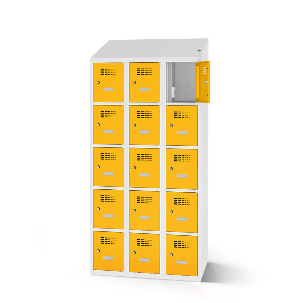 rotstahl Fächerschrank mit Ladefunktion 15 Fächer mit lichtgrauem Korpus 90x200 cm (BxH); gelb