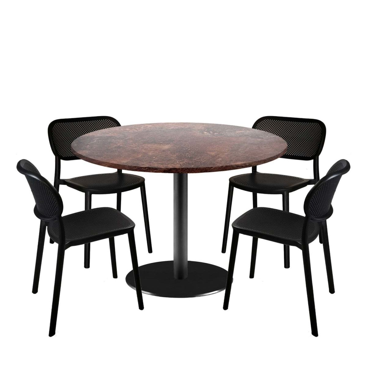 RestooTab Esstisch-Set Rome XL mit 4 Stühlen - Dekor Stein 120x120x75x120 cm (LxBxHxØ); metall verrostet/braun; Gestell schwarz; rund