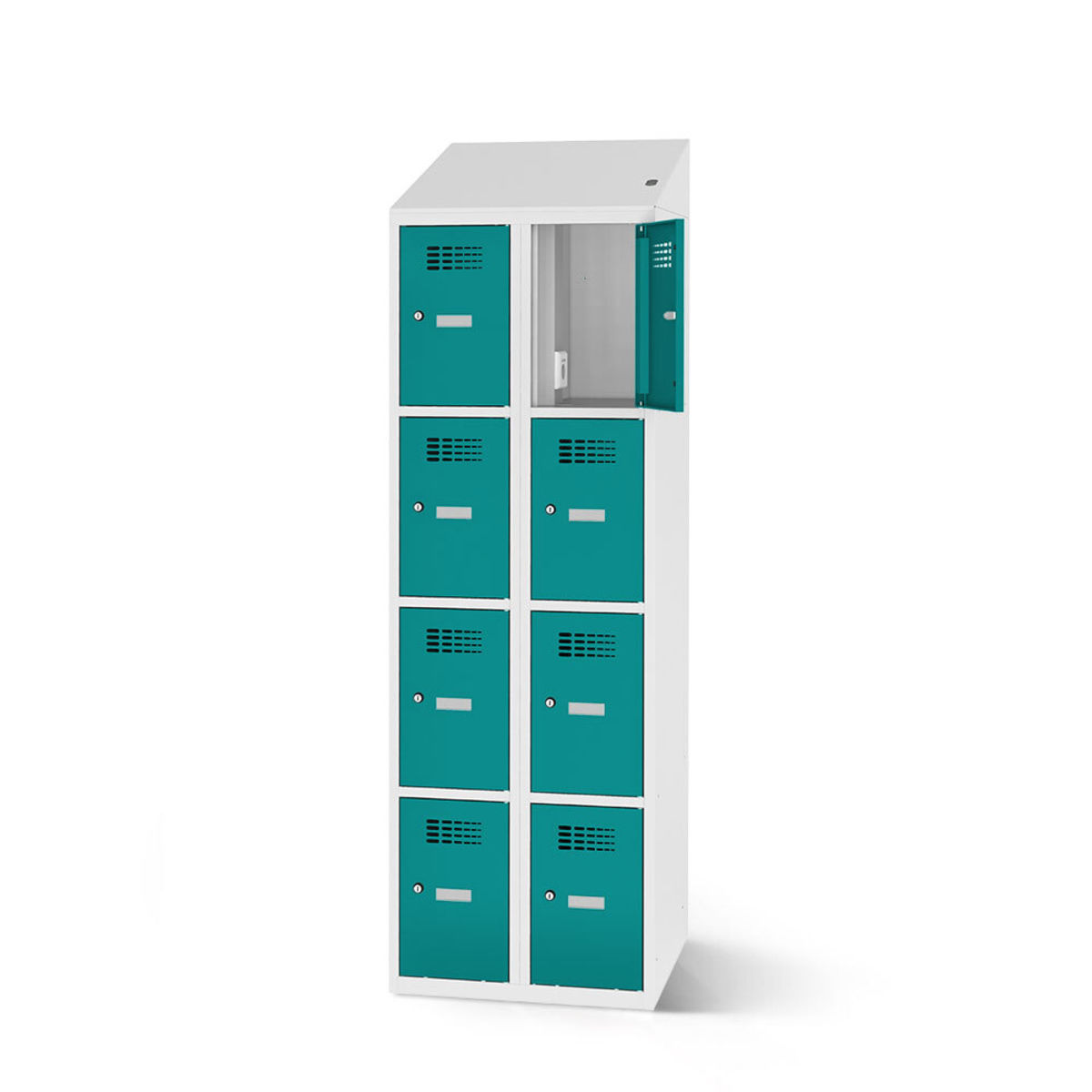 rotstahl Fächerschrank mit Ladefunktion 8 Fächer mit lichtgrauem Korpus 80x200 cm (BxH); türkis