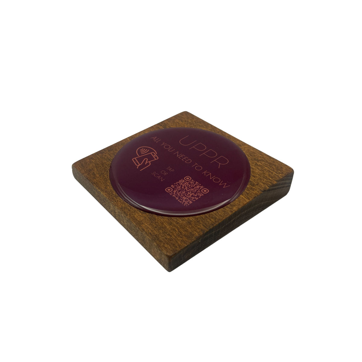 PRODUCTMATE Tischaufsteller liegend schräg mit QR-Code Aufkleber matt und NFC-Chip 8.5x8.5 cm (BxH); buche/dunkelbraun; 25 Stück / Pack