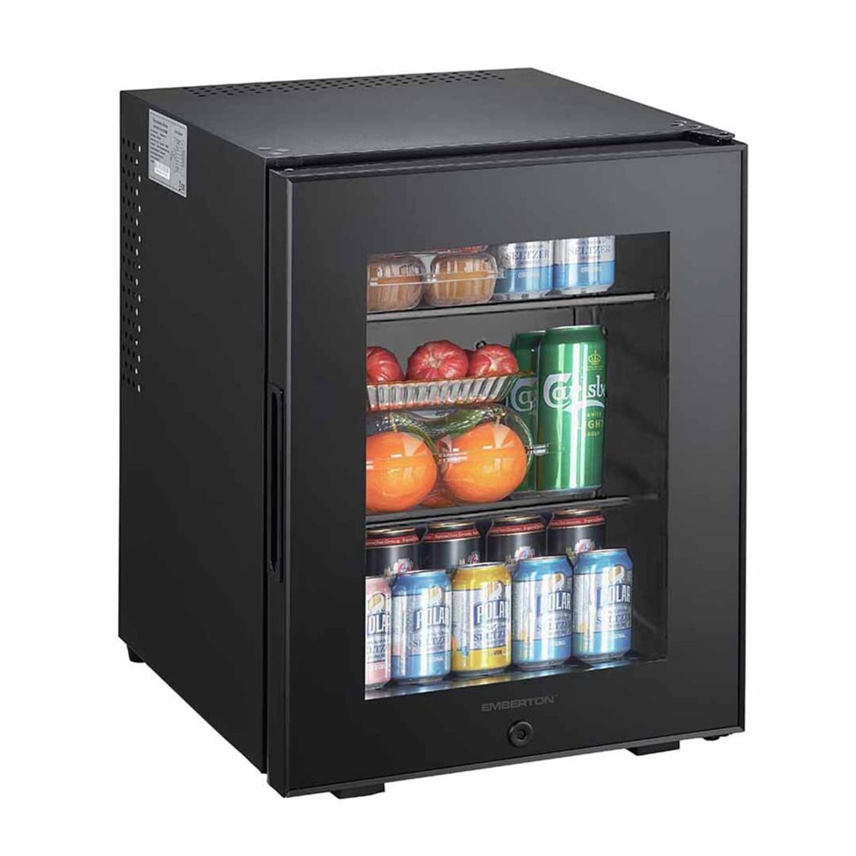 Emberton Redditch 40L Minibar-Kühlschrank, leise Thermoelektrisch (Glasfront) mit Ein-/Ausschalter, Schlüssel und Schloss; 40x55x42 cm (BxHxT); schwarz
