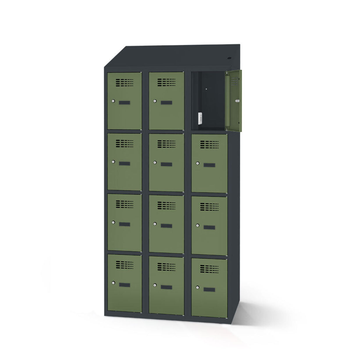 rotstahl Fächerschrank mit Ladefunktion 12 Fächer 3x4 mit anthrazitgrauem Korpus 90x200 cm (BxH); hellgrün