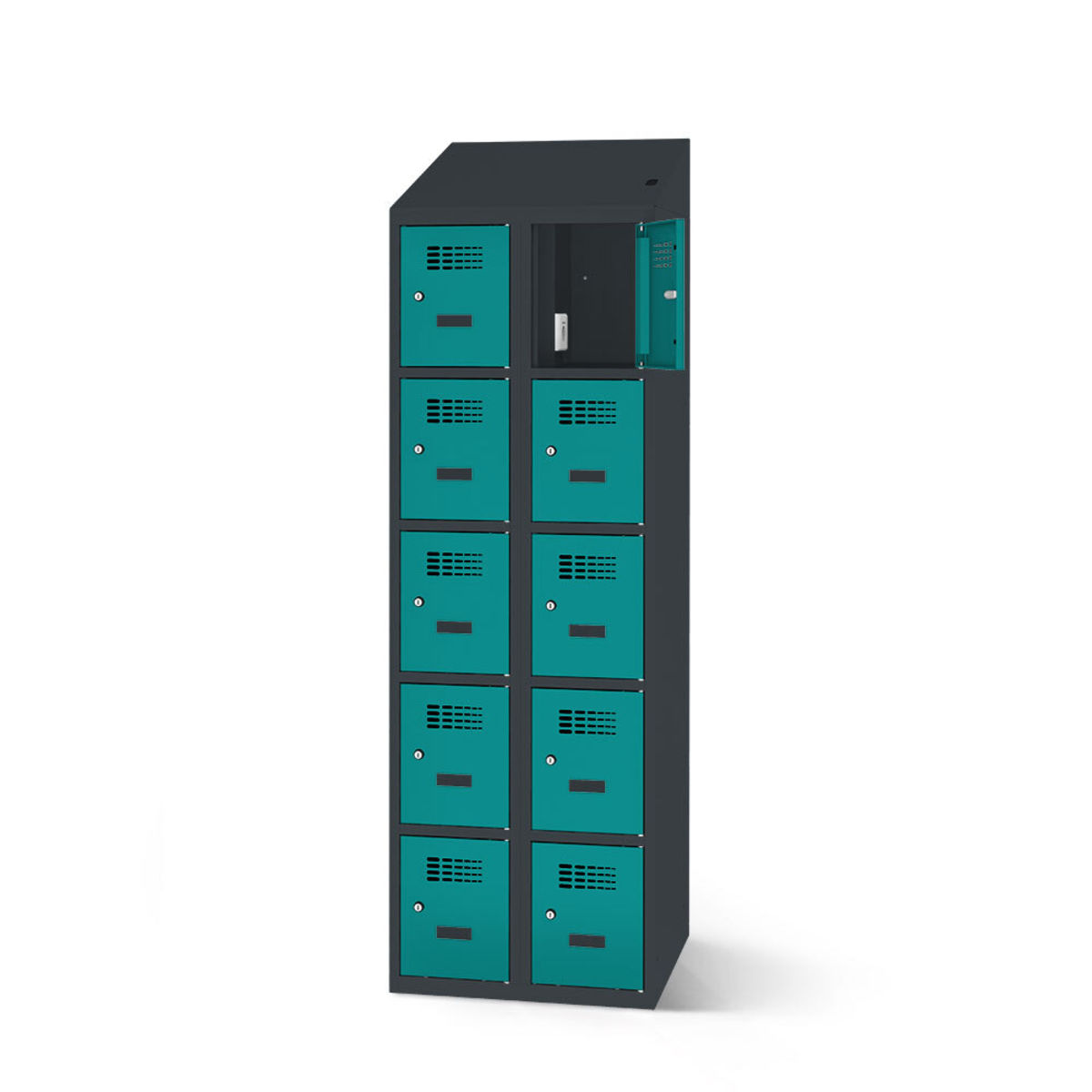 rotstahl Fächerschrank mit Ladefunktion 10 Fächer mit anthrazitgrauem Korpus 60x200 cm (BxH); türkis