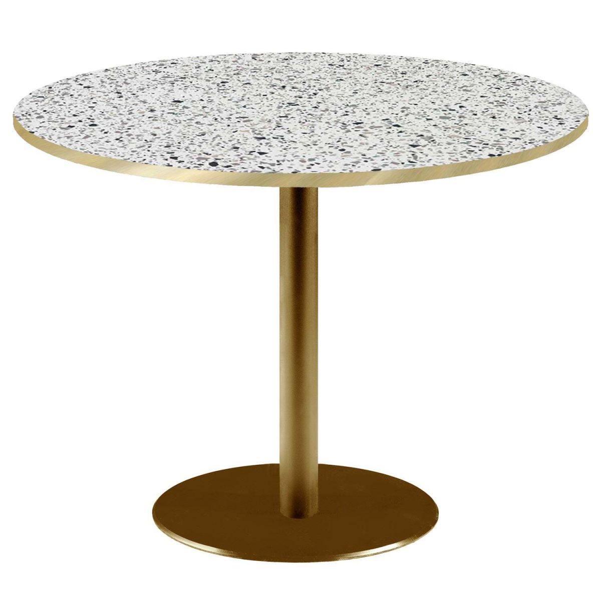 Tavolo Roma XL rotondo base dorato - laminato pietra & canti ottone RestooTab; 75x120 cm (HxØ); bianco/terazzo/ottone; rotonda