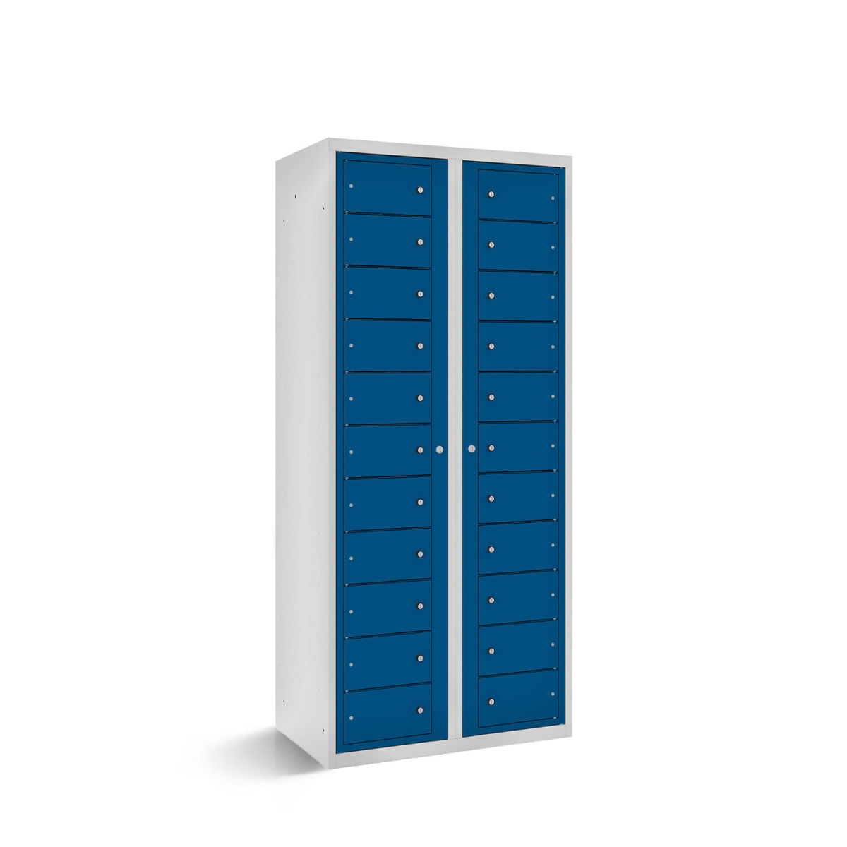 rotstahl Fächerschrank mit Zentraltüren 22 Fächer mit lichtgrauem Korpus 80x50x180 cm (BxTxH); dunkelblau
