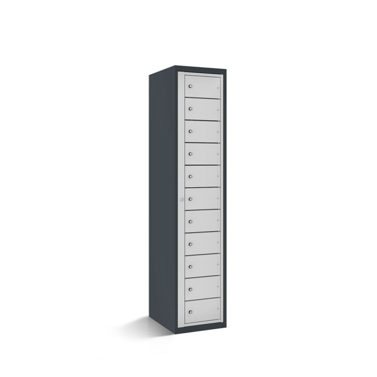 rotstahl Fächerschrank mit Zentraltür 11 Fächer mit anthrazitgrauem Korpus 40x50x180 cm (BxTxH); hellgrau