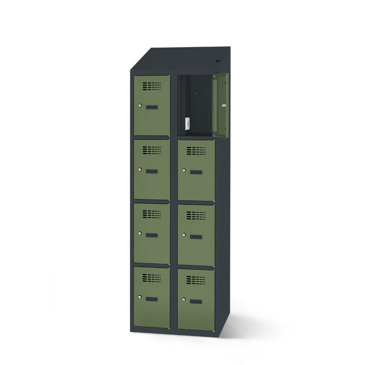 rotstahl Fächerschrank mit Ladefunktion 8 Fächer mit anthrazitgrauem Korpus 80x200 cm (BxH); hellgrün