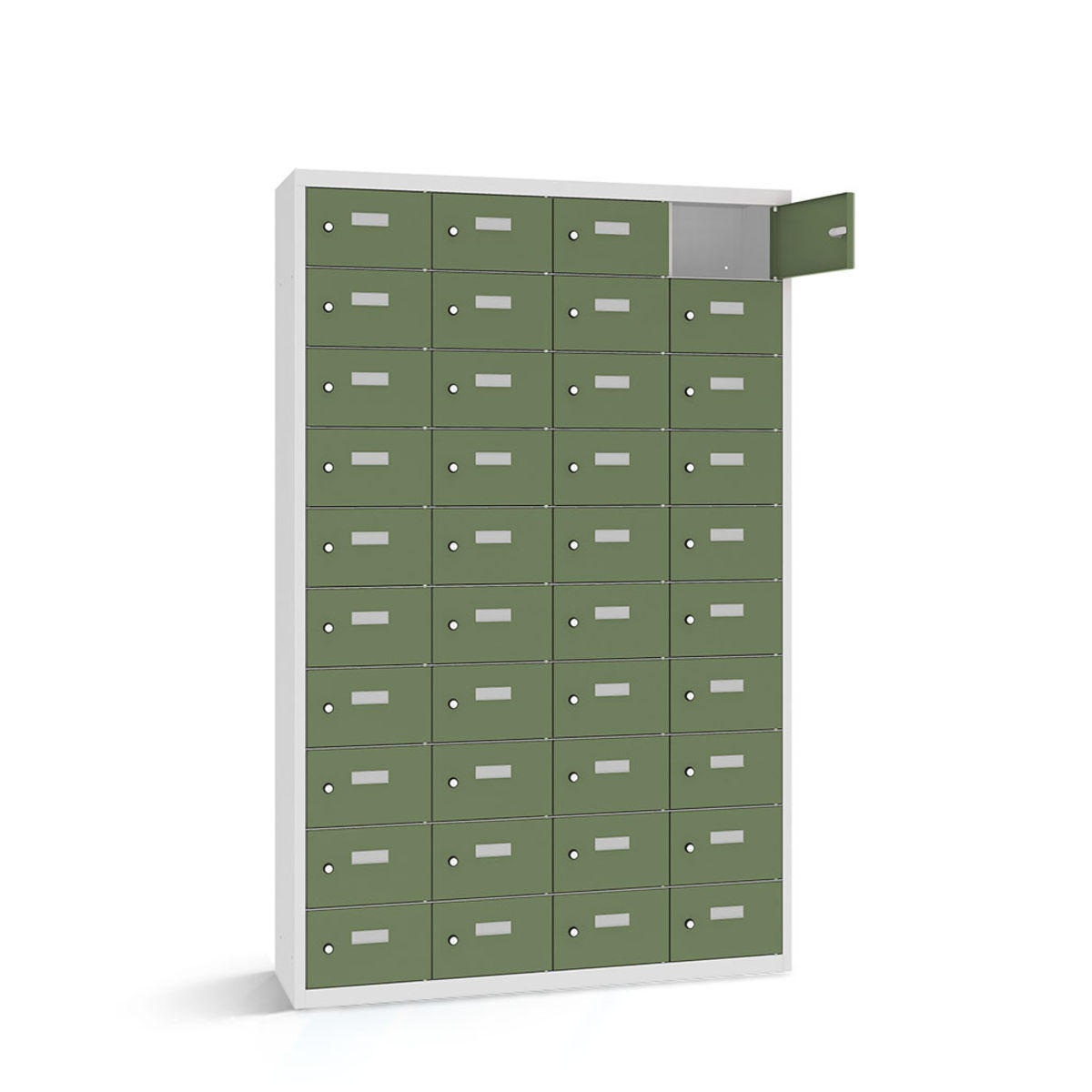 rotstahl Wertfachschrank 40 Fächer mit lichtgrauem Korpus 115x50x180 cm (BxTxH); hellgrün