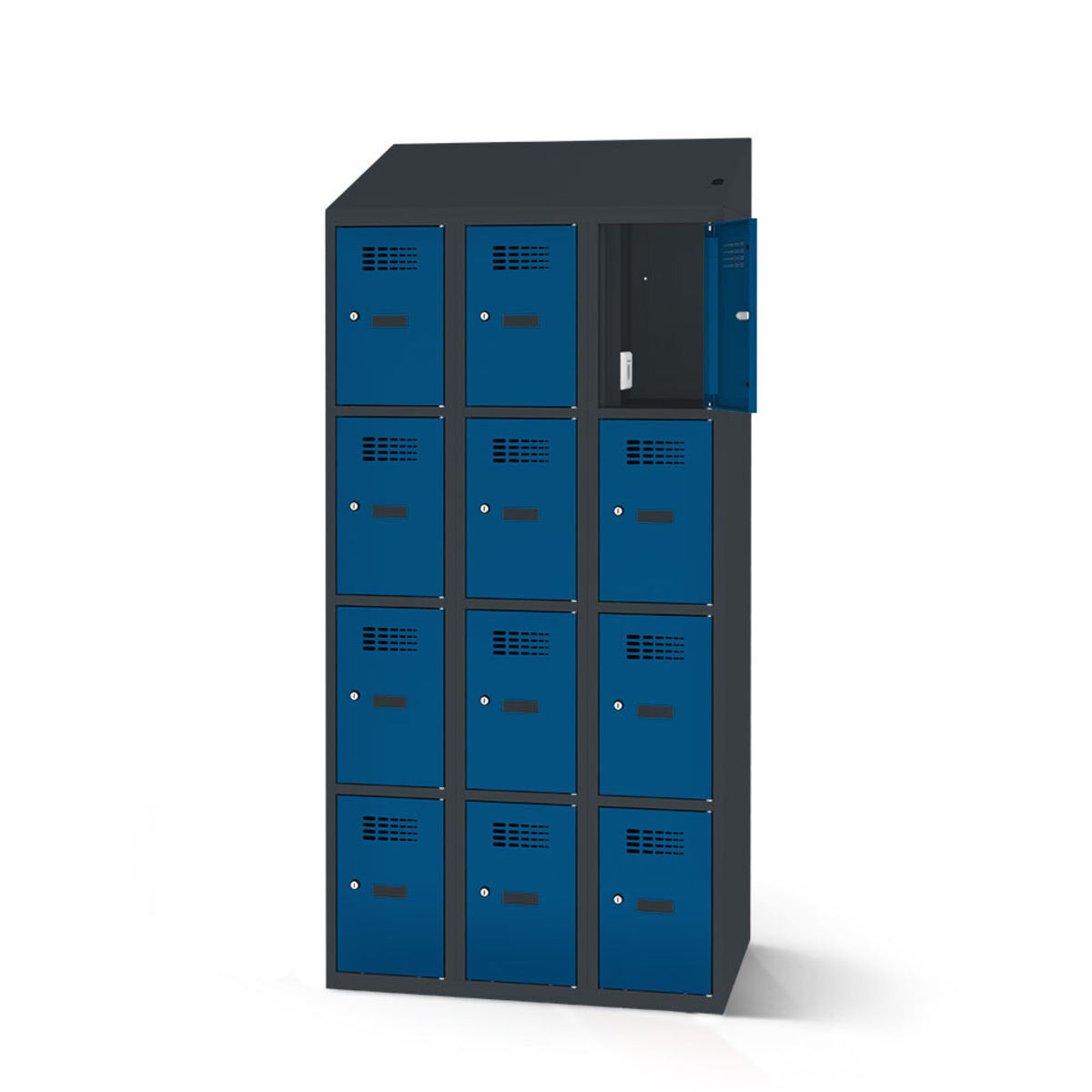 rotstahl Fächerschrank mit Ladefunktion 12 Fächer 3x4 mit anthrazitgrauem Korpus 90x200 cm (BxH); dunkelblau