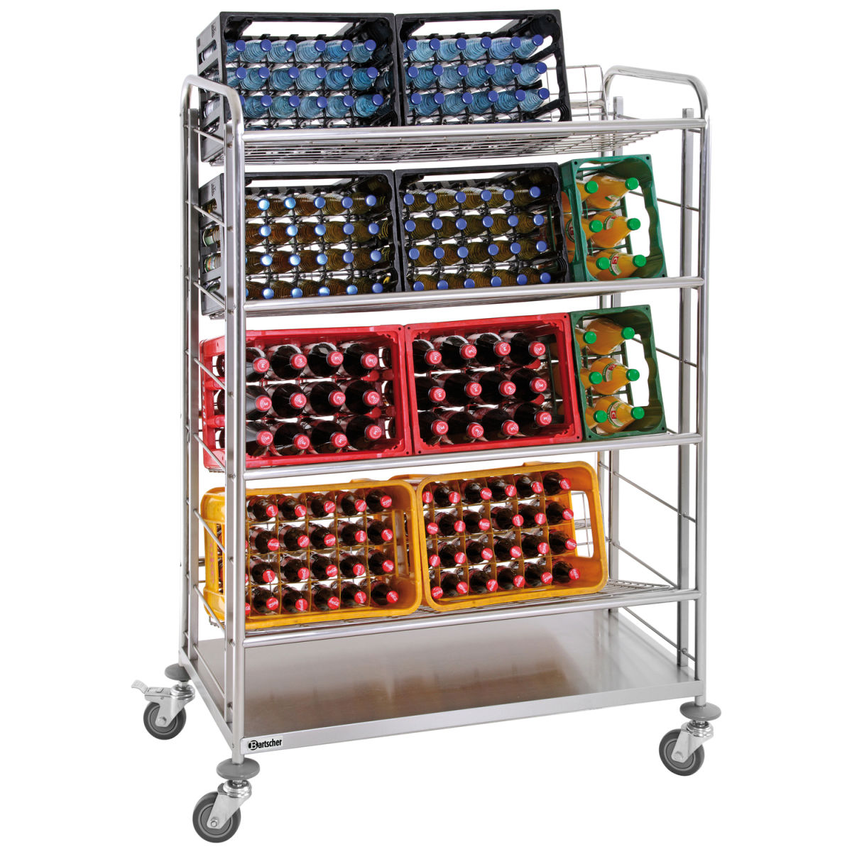 Bartscher 120 kg Getränkekisten-Transportwagen mit 4 Gitterbäden 108x57x161 cm (BxTxH); silber/schwarz