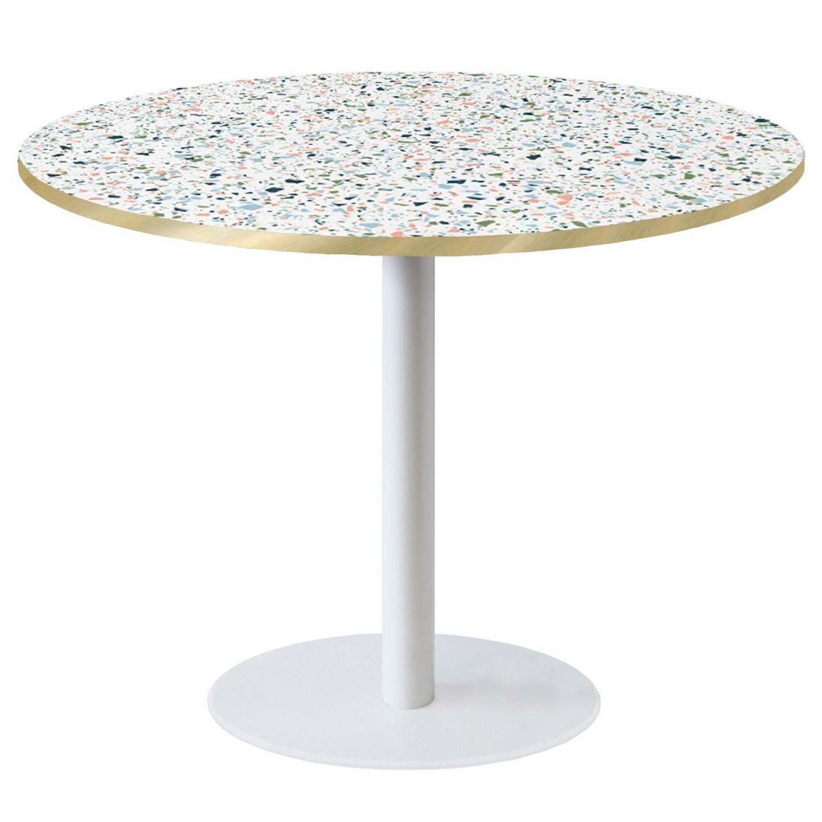 Tavolo Roma XL rotondo base bianco - laminato legno & pietra RestooTab; 75x120 cm (HxØ); multicolore/terazzo/ottone; rotonda