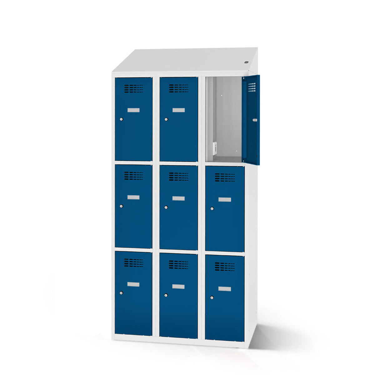 rotstahl Fächerschrank mit Ladefunktion 9 Fächer mit lichtgrauem Korpus 120x200 cm (BxH); dunkelblau