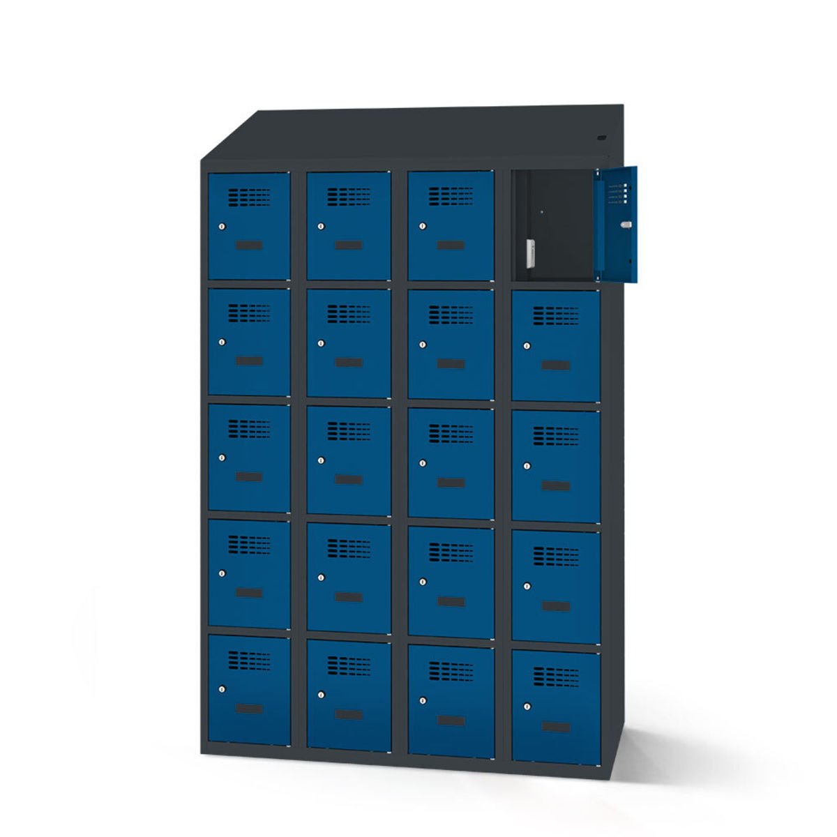 rotstahl Fächerschrank mit Ladefunktion 20 Fächer mit anthrazitgrauem Korpus 120x200 cm (BxH); dunkelblau