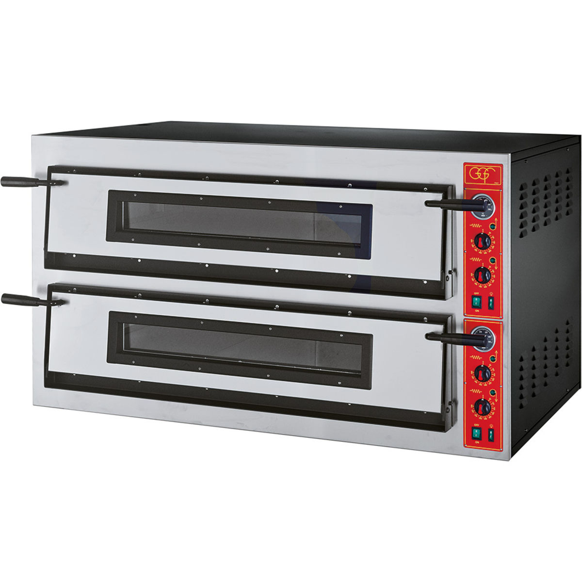 GGF Pizzaofen mit zwei Kammern für 12 Pizzen Ø 360 mm, Vollschamott, 18 kW 137x85x75 cm (BxTxH); silber/schwarz
