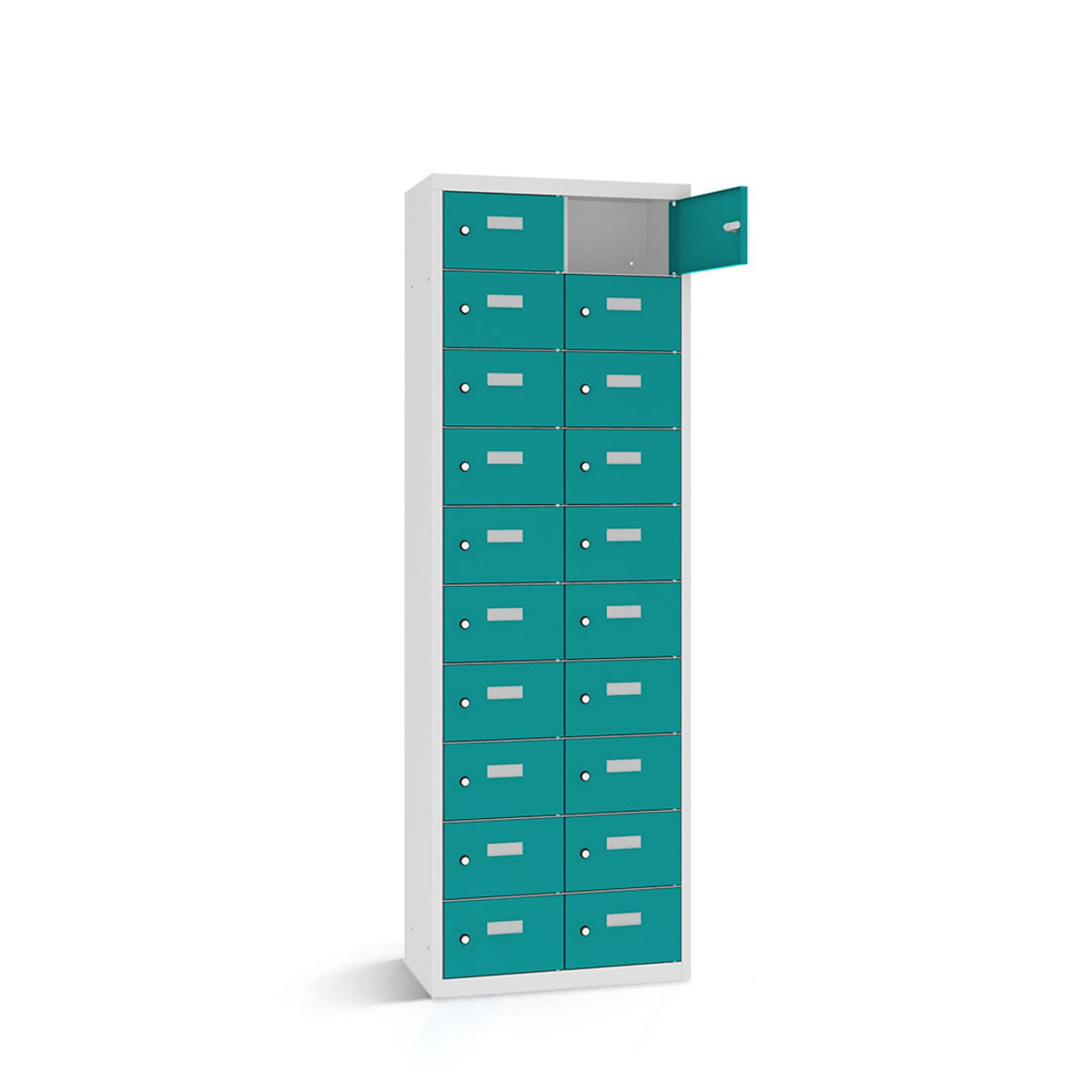 rotstahl Wertfachschrank 20 Fächer mit lichtgrauem Korpus 80x50x180 cm (BxTxH); türkis