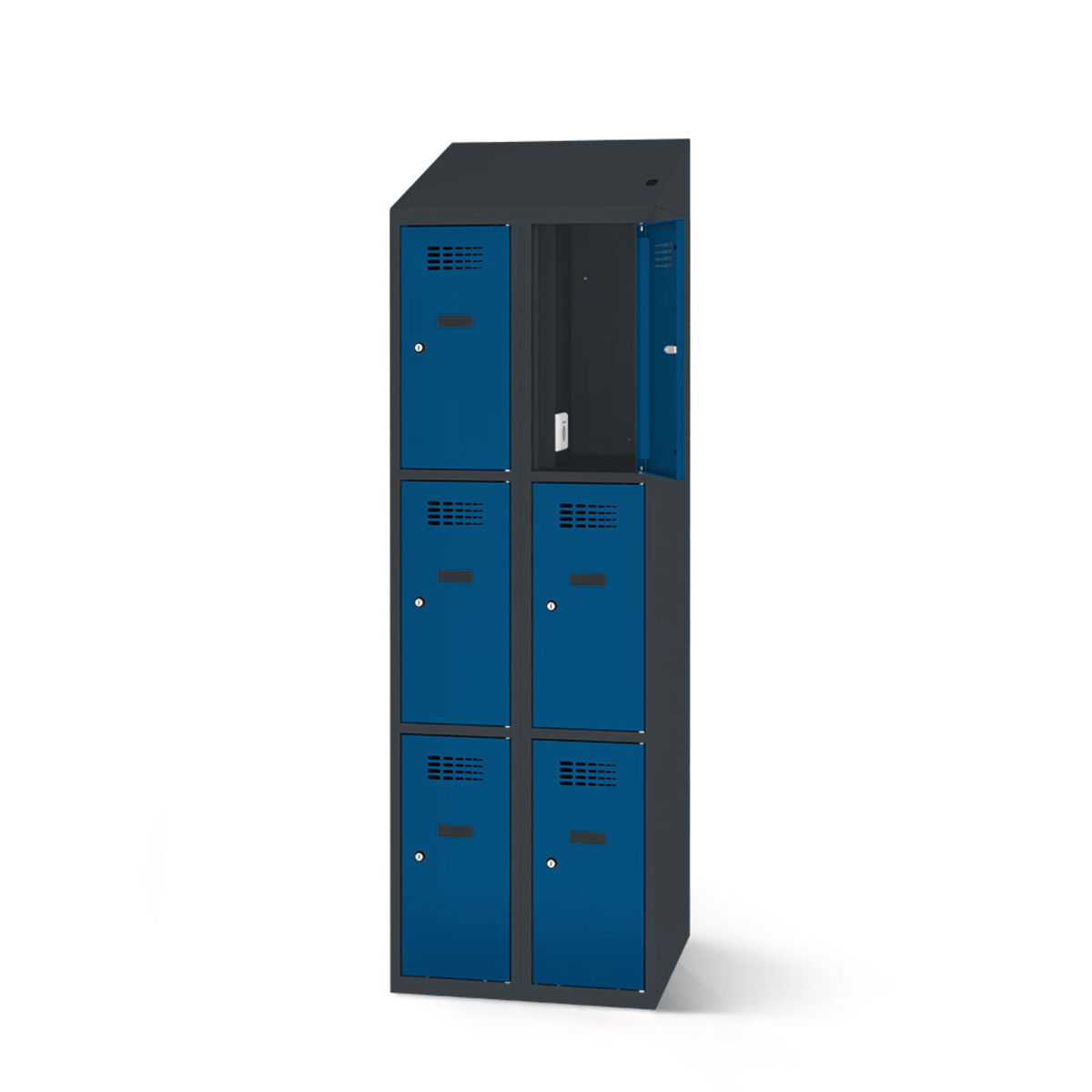 rotstahl Fächerschrank mit Ladefunktion 6 Fächer mit anthrazitgrauem Korpus 80x200 cm (BxH); dunkelblau