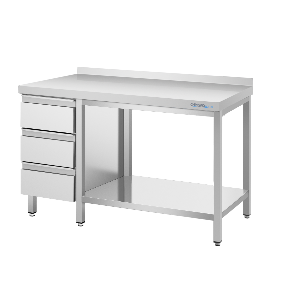 CHROMOnorm Arbeitstisch mit Zwischenboden und Schubaldenblock links, mit Tischplatte Hinten Auf 100x90x70 cm (BxHxT); grau