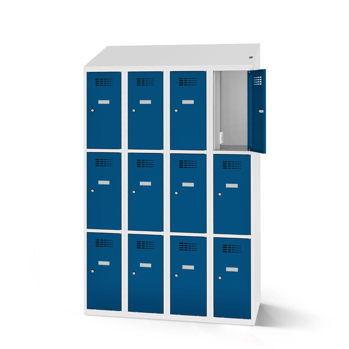 rotstahl Fächerschrank mit Ladefunktion 12 Fächer 4x3 mit lichtgrauem Korpus 120x200 cm (BxH); dunkelblau