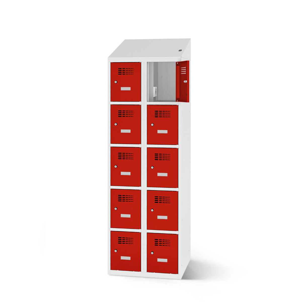 rotstahl Fächerschrank mit Ladefunktion 10 Fächer mit lichtgrauem Korpus 60x200 cm (BxH); rot