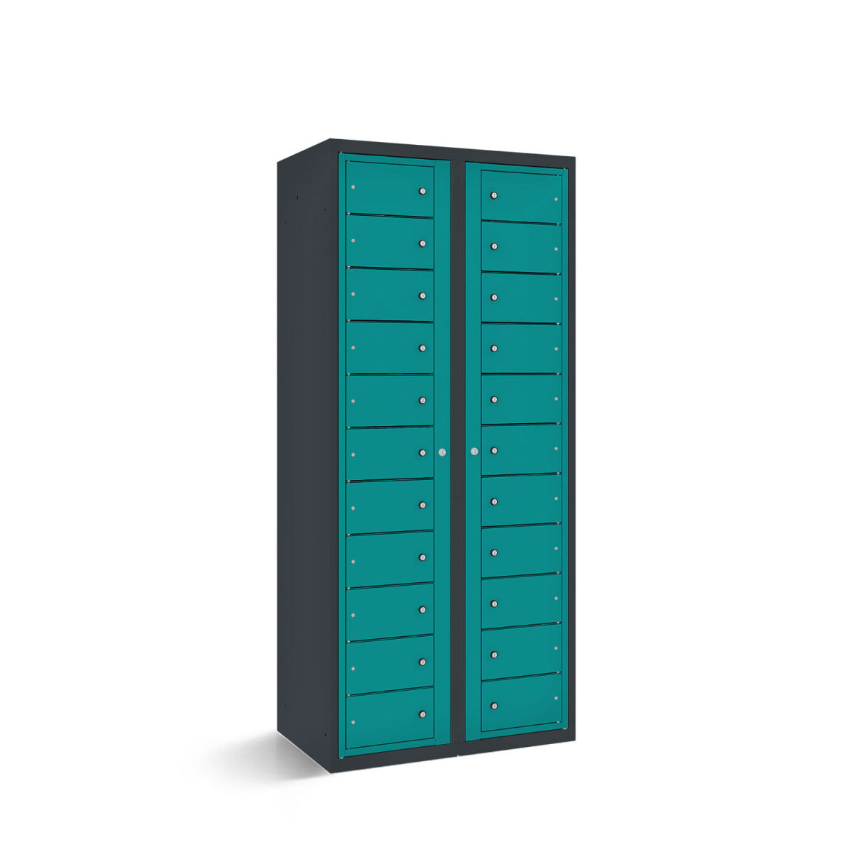 rotstahl Fächerschrank mit Zentraltüren 22 Fächer mit anthrazitgrauem Korpus 80x50x180 cm (BxTxH); türkis