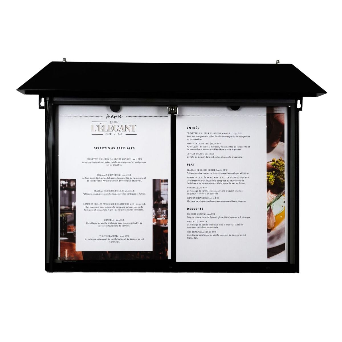 METAFICH 2-seitiger Restaurant-Wandmenühalter mit integrierter LED. 55x9x40 cm (BxTxH); schwarz