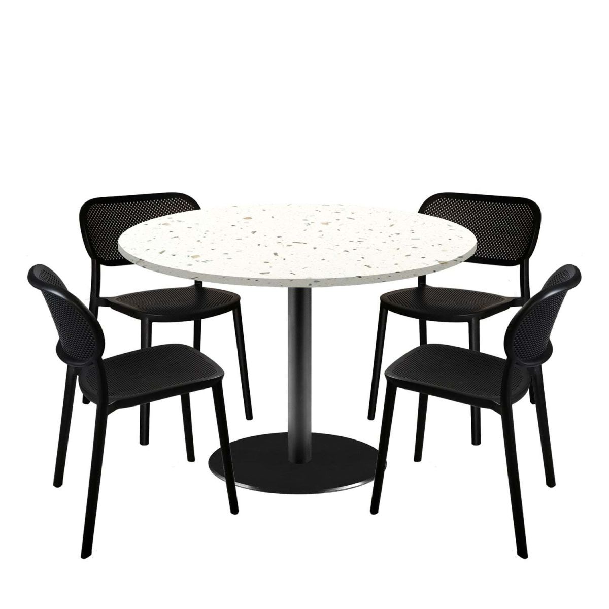 RestooTab Esstisch-Set Rome XL mit 4 Stühlen - Dekor Stein 120x120x75x120 cm (LxBxHxØ); weiß/mehrfarbig/terrazzo; Gestell schwarz; rund