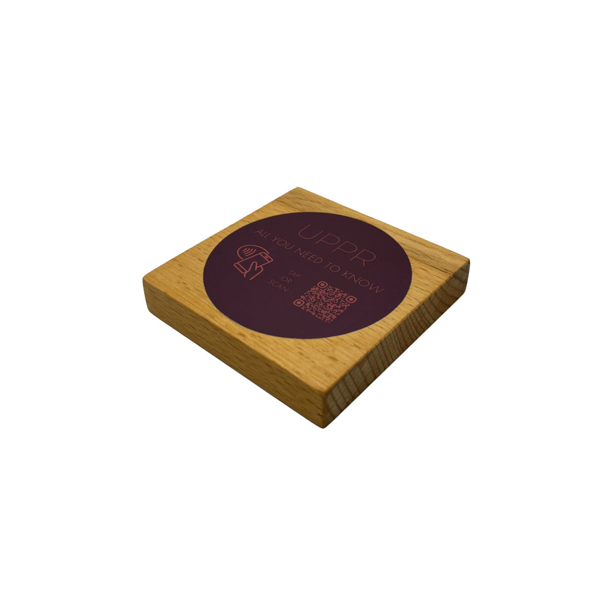 PRODUCTMATE Tischaufsteller liegend schräg mit QR-Code Aufkleber glänzend und NFC-Chip 11x11 cm (BxH); buche/braun; 25 Stück / Pack