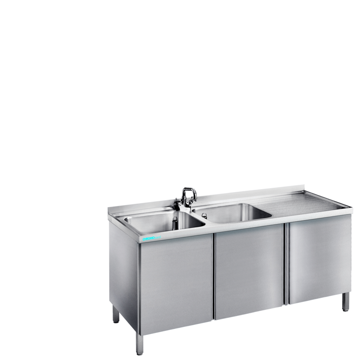 CHROMOnorm Spültisch mit 2 Becken links und Flügeltüren 150x90x60 cm (BxHxT); grau