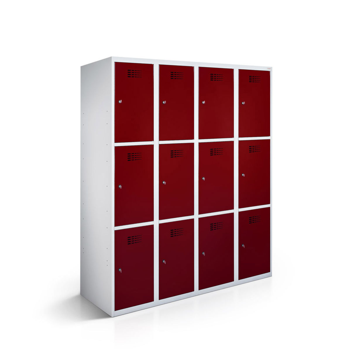 rotstahl Fächerschrank 12 Fächer 4x3 mit lichtgrauem Korpus 120x50x180 cm (BxTxH); bordeaux