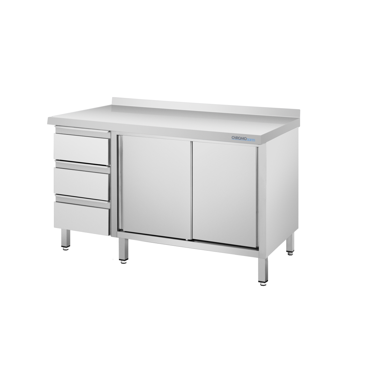 CHROMOnorm Arbeitsschrank mit Schiebetüren und Schubladenblock links, mit Tischplatte 140x90x70 cm (BxHxT); grau