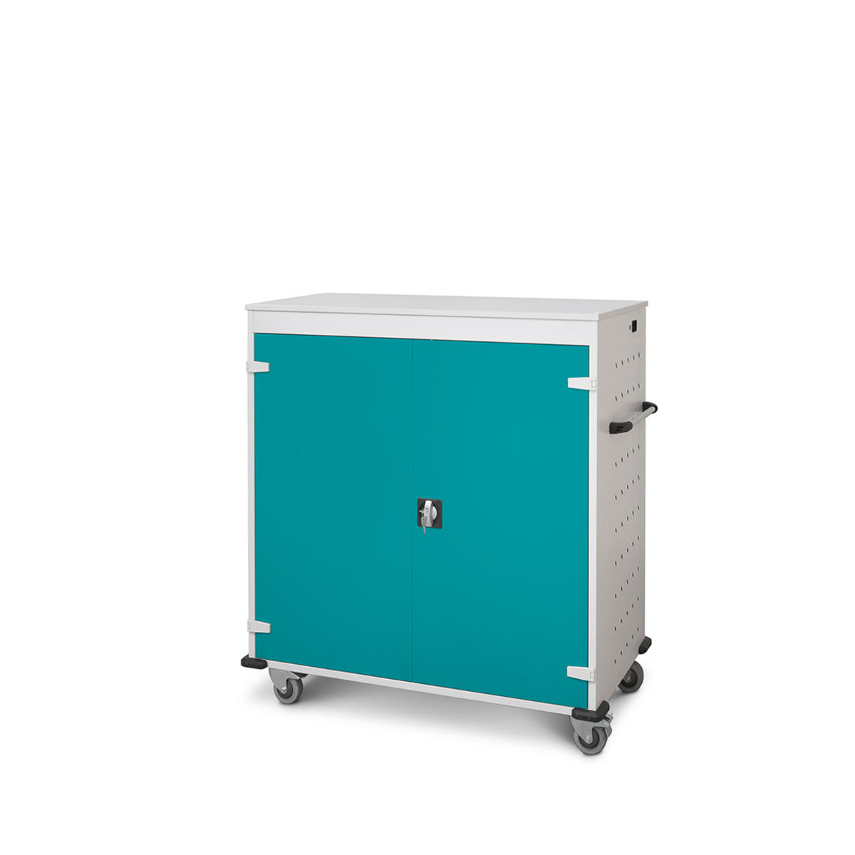 rotstahl Laptopwagen 30 Fächer mit lichtgrauem Korpus 92x131 cm (BxH); türkis