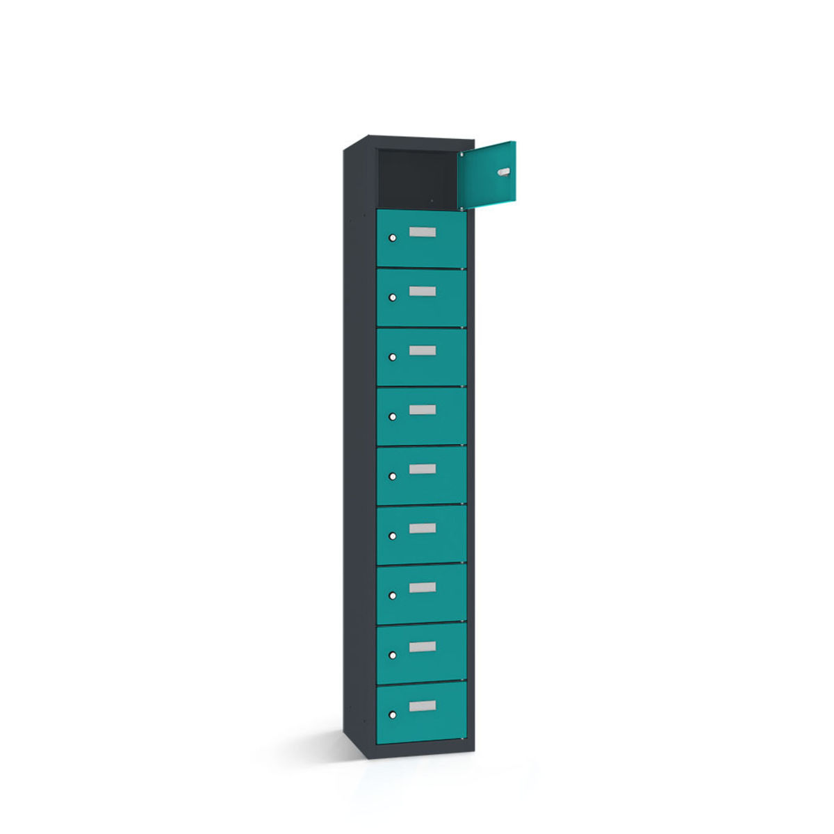 rotstahl Wertfachschrank 10 Fächer mit anthrazitgrauem Korpus 42.5x50x180 cm (BxTxH); türkis