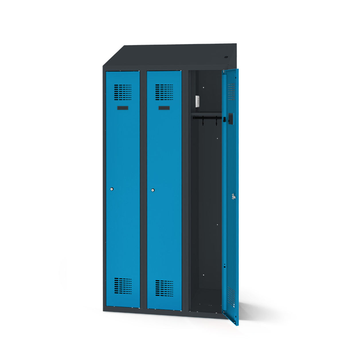 rotstahl Kleiderspind mit Ladefunktion 3 Türen mit anthrazitgrauem Korpus 90x200 cm (BxH); blau