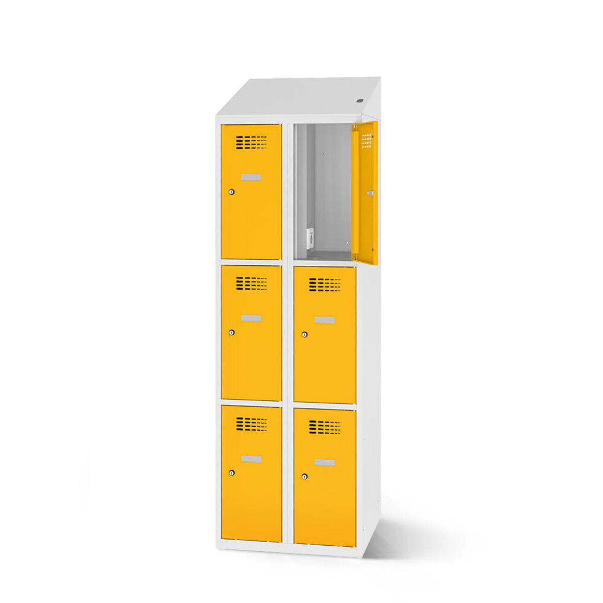 rotstahl Fächerschrank mit Ladefunktion 6 Fächer mit lichtgrauem Korpus 80x200 cm (BxH); gelb