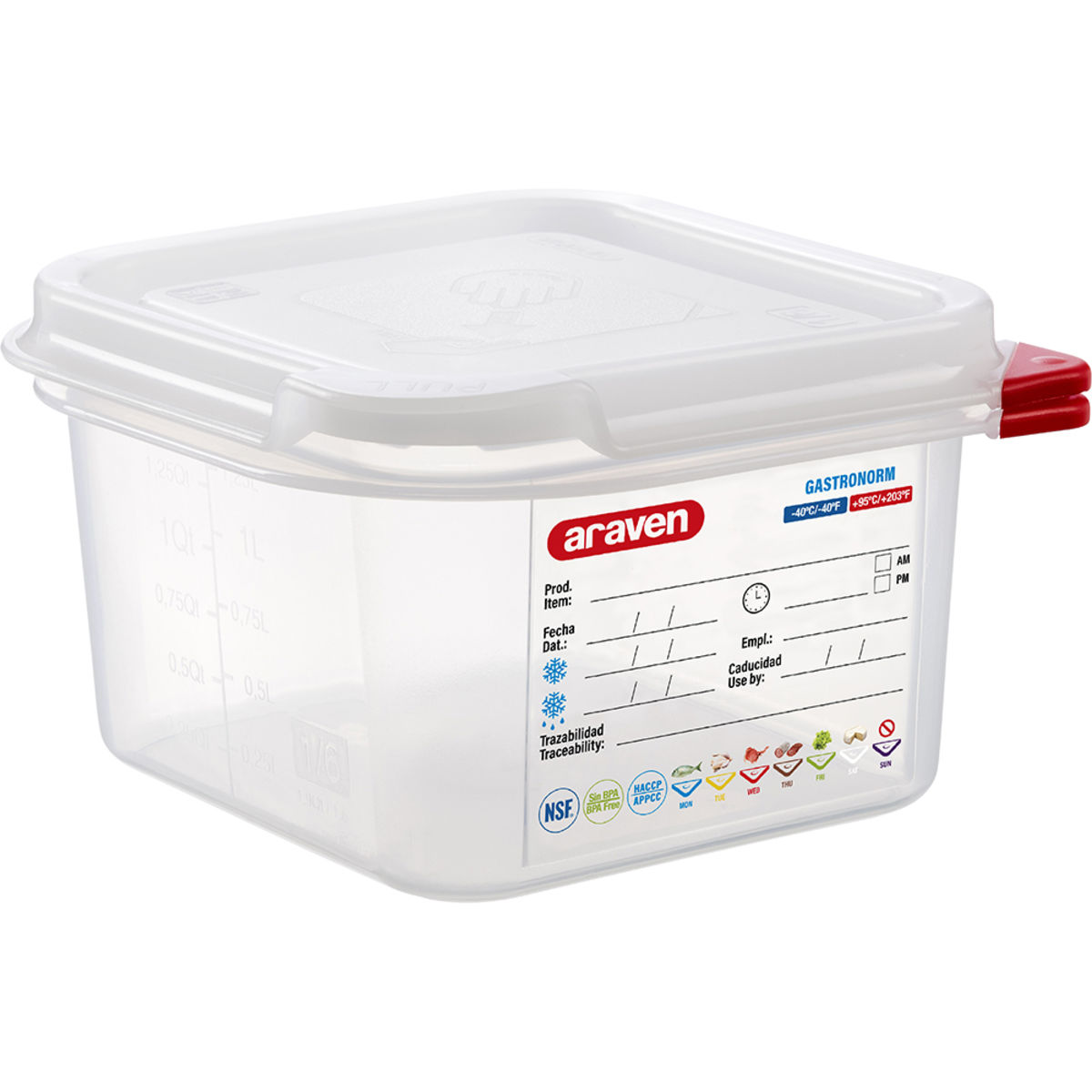 Araven Gastronormbehälter mit Deckel, Polypropylen, GN 1/6 GN 1/6, 1.7 l, 17.6x16.2x10 cm (LxBxT); transparent