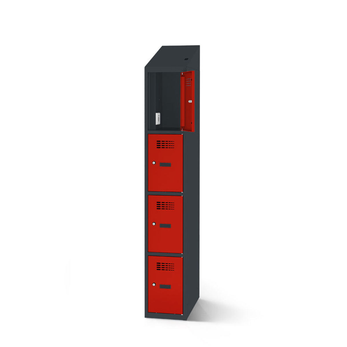 rotstahl Fächerschrank mit Ladefunktion 4 Fächer mit anthrazitgrauem Korpus 40x200 cm (BxH); rot