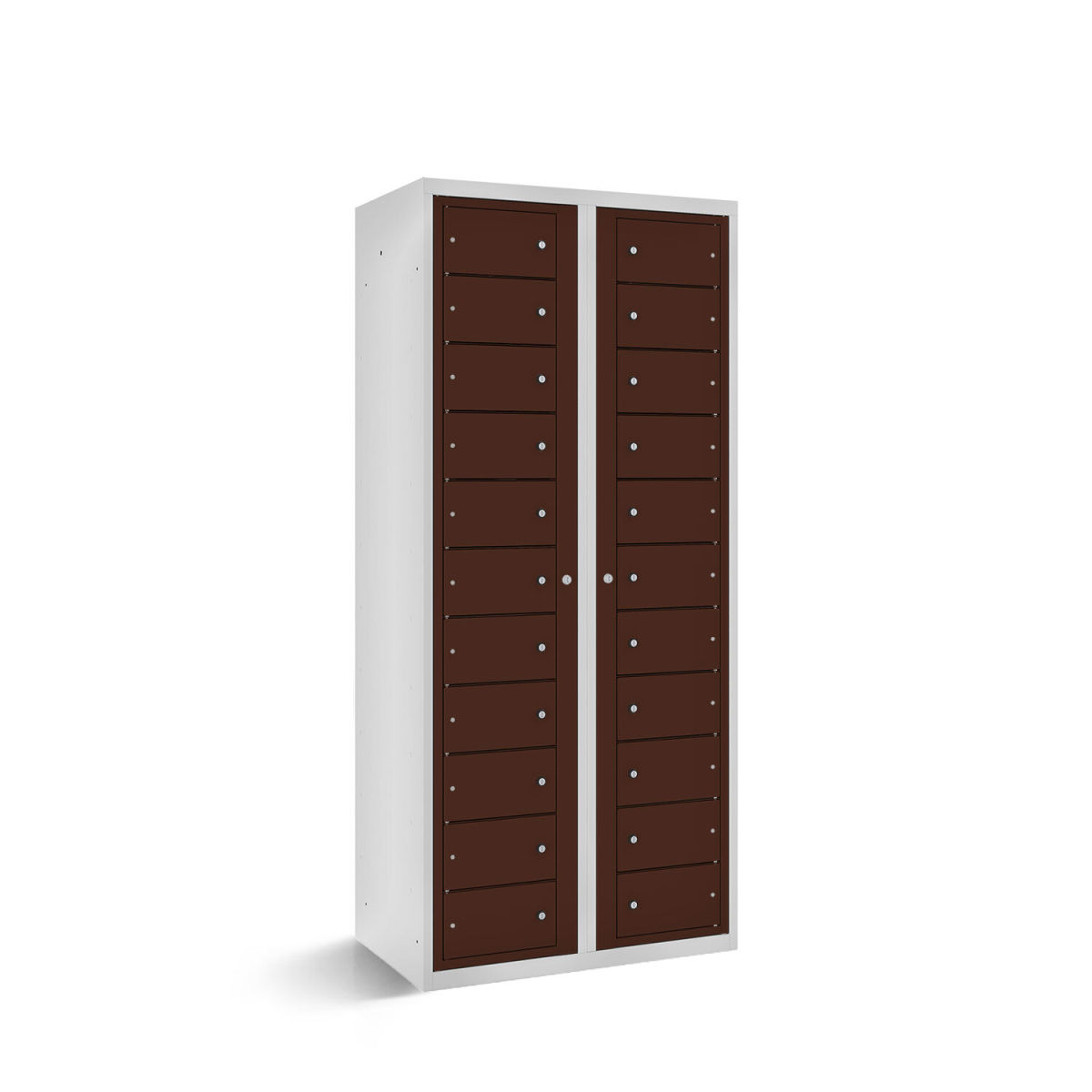 rotstahl Fächerschrank mit Zentraltüren 22 Fächer mit lichtgrauem Korpus 80x50x180 cm (BxTxH); mahagoni