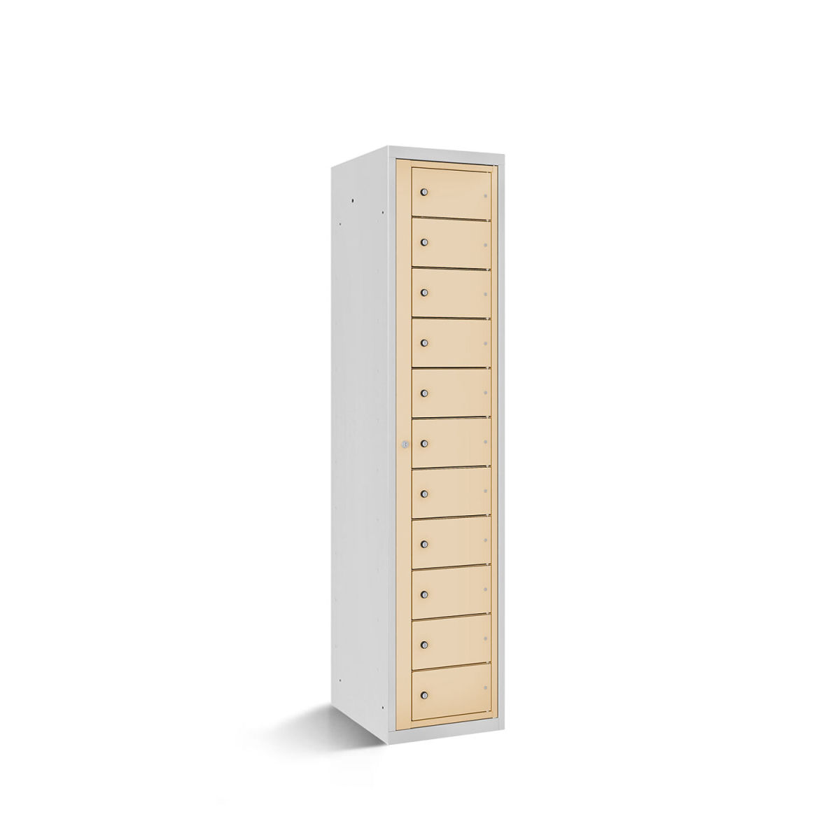 rotstahl Fächerschrank mit Zentraltür 11 Fächer mit lichtgrauem Korpus 40x50x180 cm (BxTxH); elfenbein