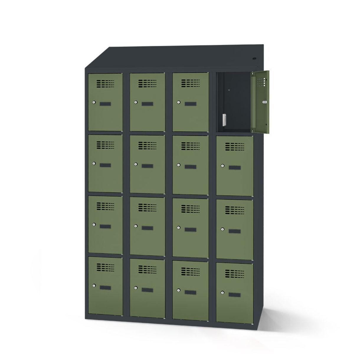 rotstahl Fächerschrank mit Ladefunktion 16 Fächer mit anthrazitgrauem Korpus 120x200 cm (BxH); hellgrün