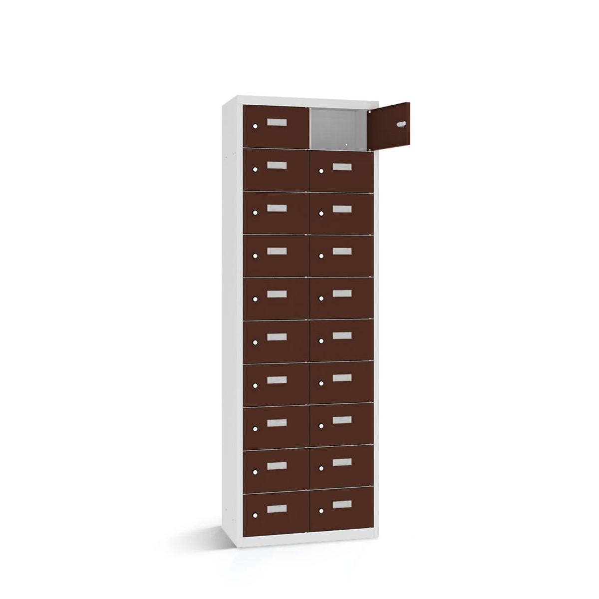 rotstahl Wertfachschrank 20 Fächer mit lichtgrauem Korpus 60x30x180 cm (BxTxH); mahagoni