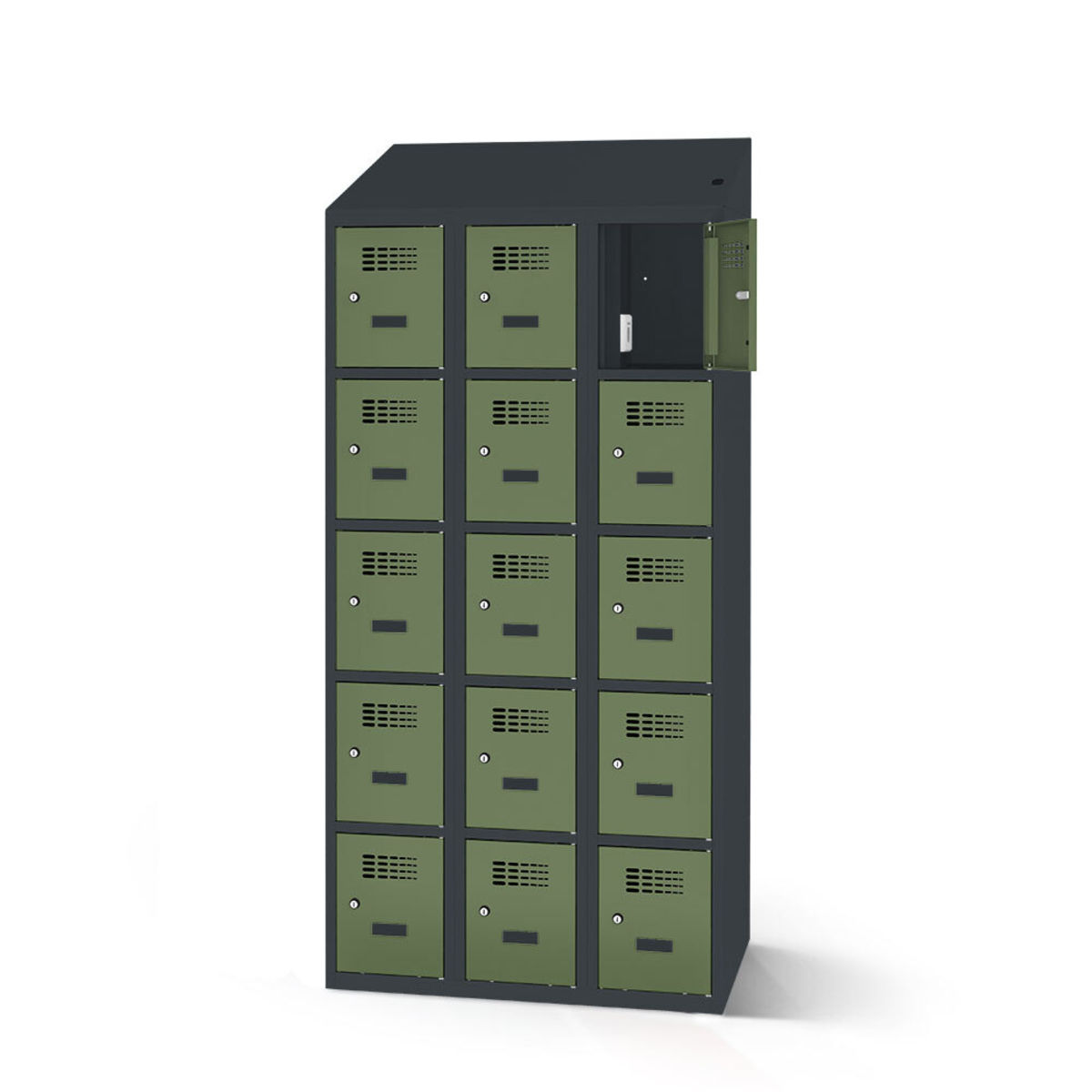 rotstahl Fächerschrank mit Ladefunktion 15 Fächer mit anthrazitgrauem Korpus 90x200 cm (BxH); hellgrün
