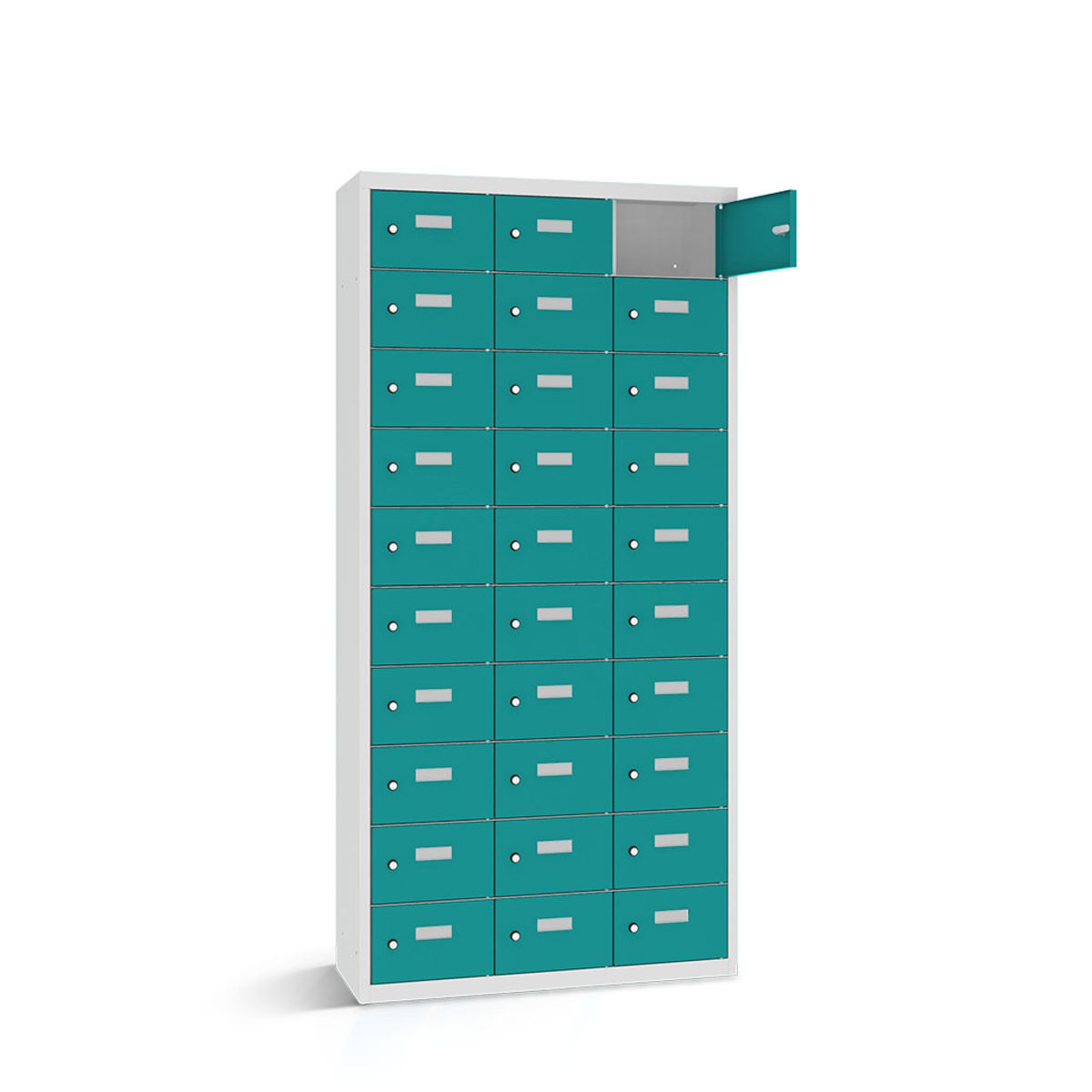 rotstahl Wertfachschrank 30 Fächer mit lichtgrauem Korpus 117.5x30x180 cm (BxTxH); türkis