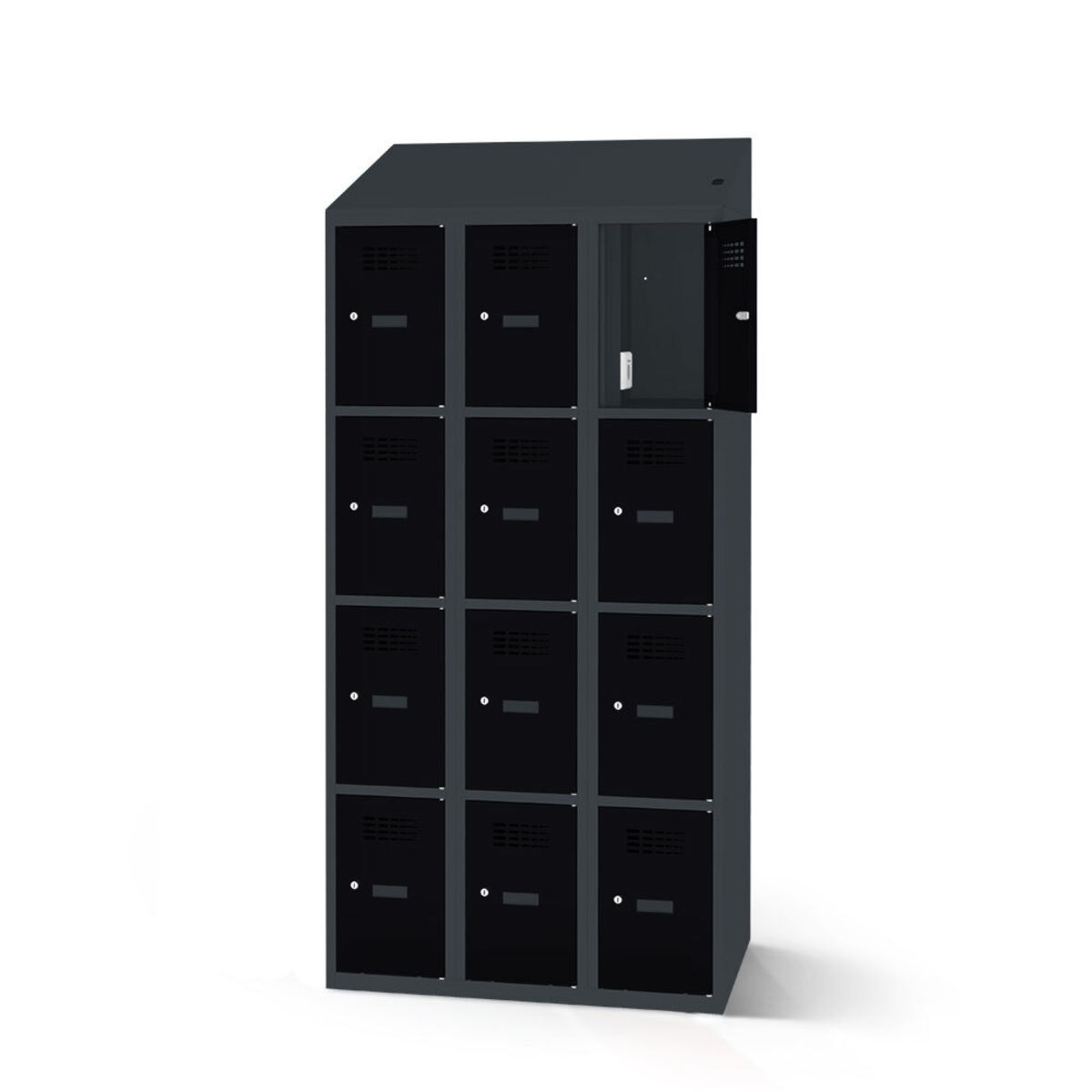rotstahl Fächerschrank mit Ladefunktion 12 Fächer 3x4 mit anthrazitgrauem Korpus 90x200 cm (BxH); schwarz