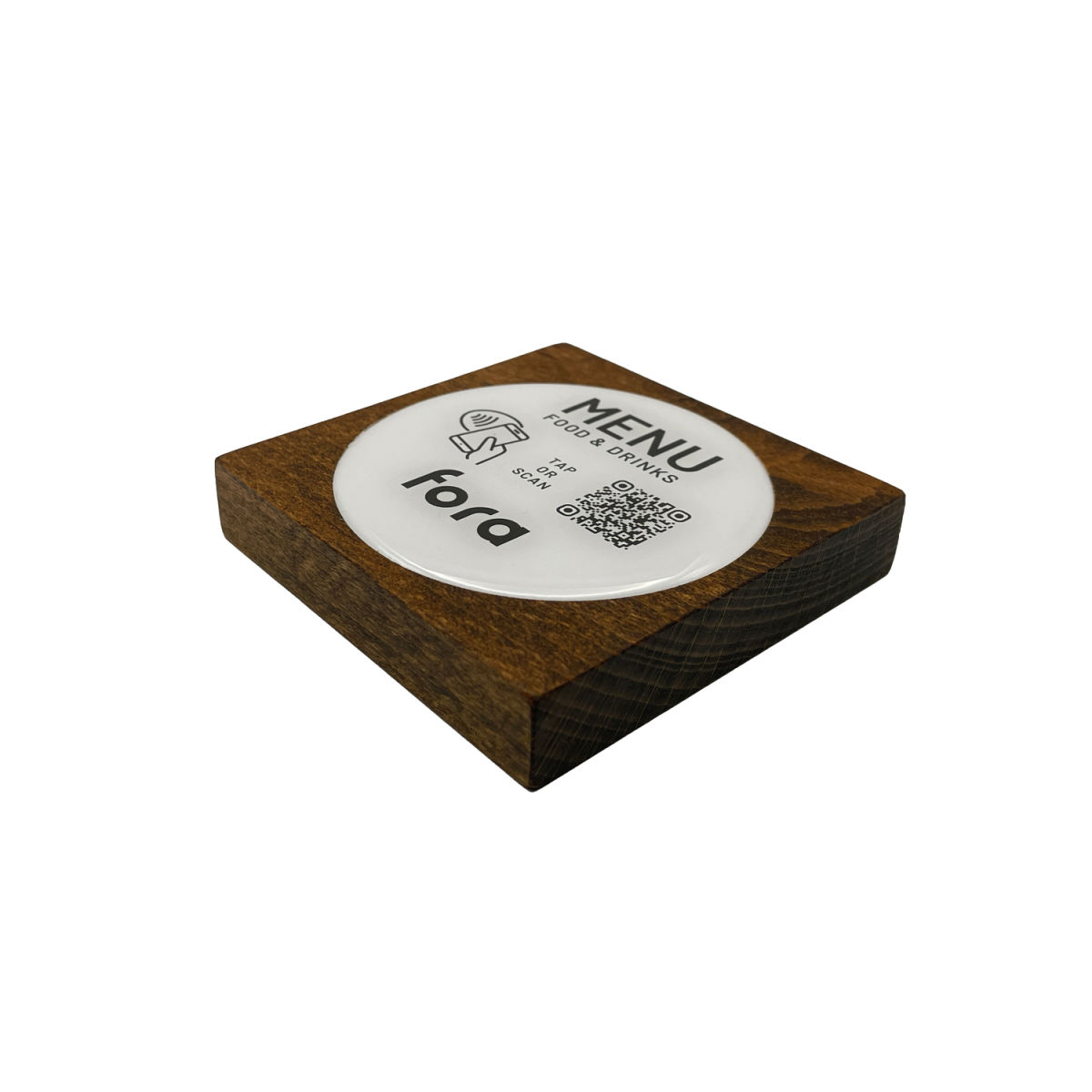 PRODUCTMATE Tischaufsteller liegend schräg mit QR-Code Aufkleber glänzend und NFC-Chip 11x11 cm (BxH); buche/dunkelbraun; 25 Stück / Pack