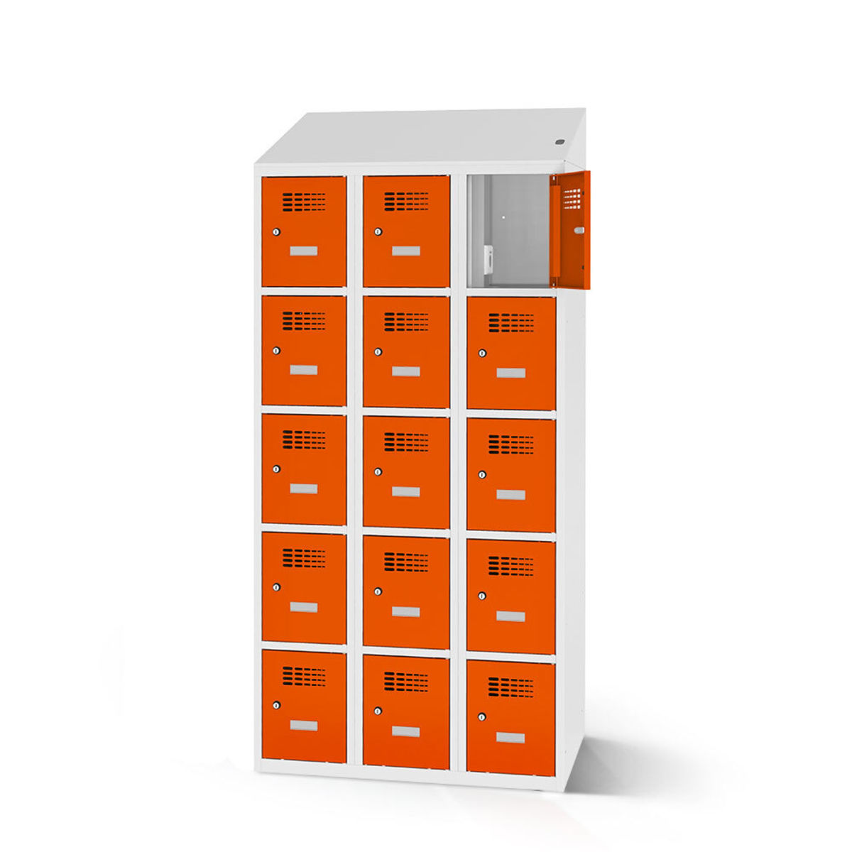 rotstahl Fächerschrank mit Ladefunktion 15 Fächer mit lichtgrauem Korpus 90x200 cm (BxH); orange