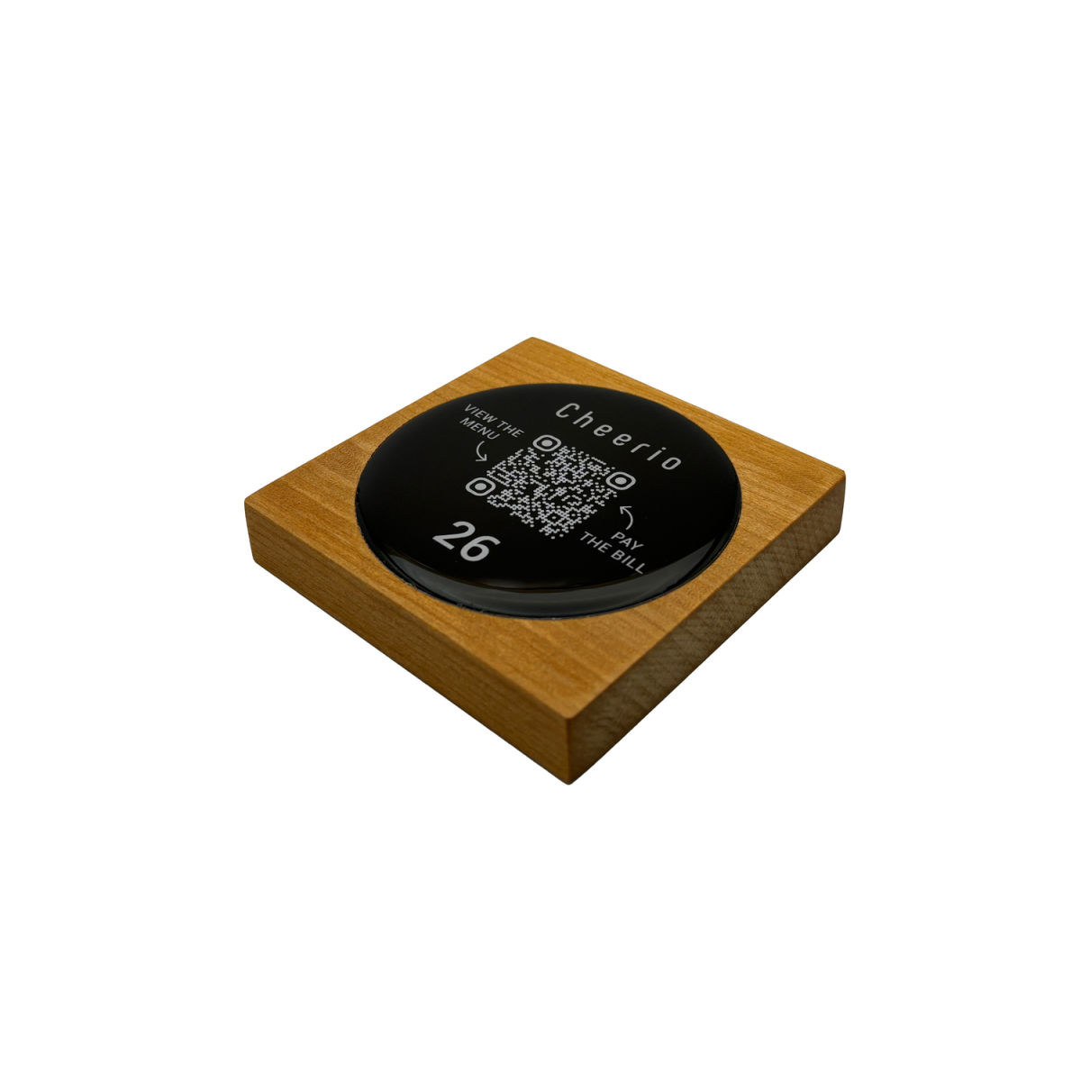 PRODUCTMATE Tischaufsteller liegend gerade mit QR-Code Aufkleber glänzend 8.5x8.5 cm (BxH); kirschbaum antik/braun antik; 25 Stück / Pack