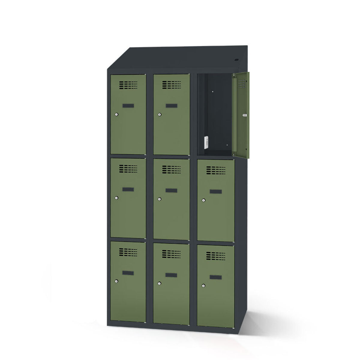 rotstahl Fächerschrank mit Ladefunktion 9 Fächer mit anthrazitgrauem Korpus 90x200 cm (BxH); hellgrün