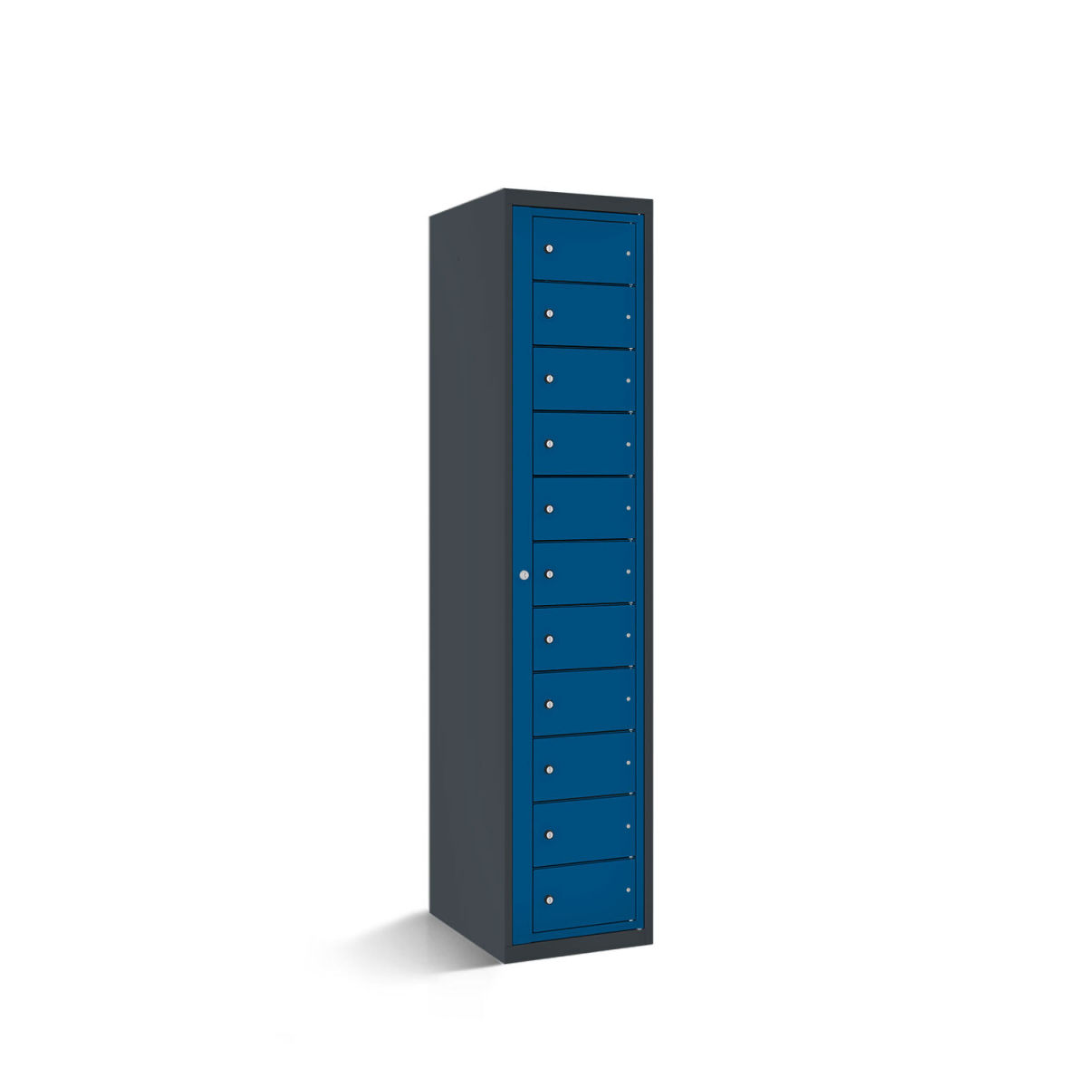 rotstahl Fächerschrank mit Zentraltür 11 Fächer mit anthrazitgrauem Korpus 40x50x180 cm (BxTxH); dunkelblau