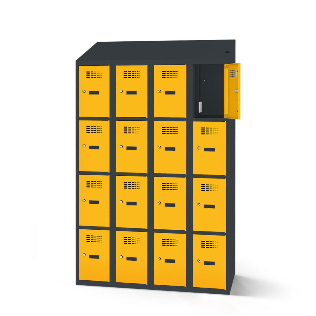 rotstahl Fächerschrank mit Ladefunktion 16 Fächer mit anthrazitgrauem Korpus 120x200 cm (BxH); gelb