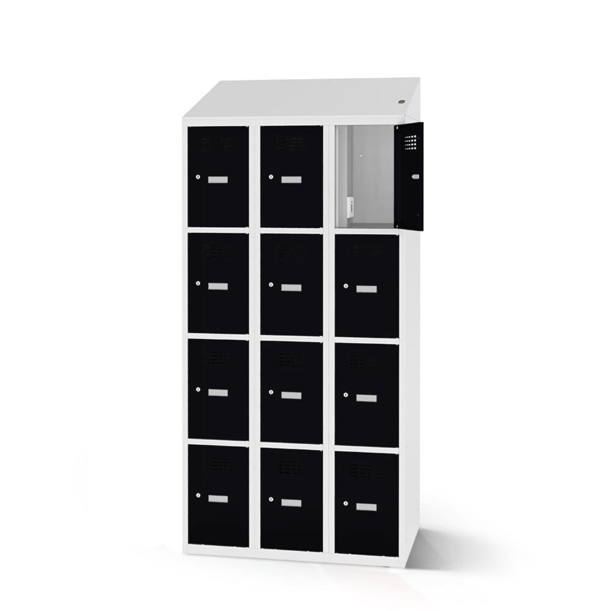 rotstahl Fächerschrank mit Ladefunktion 12 Fächer 3x4 mit lichtgrauem Korpus 90x200 cm (BxH); schwarz